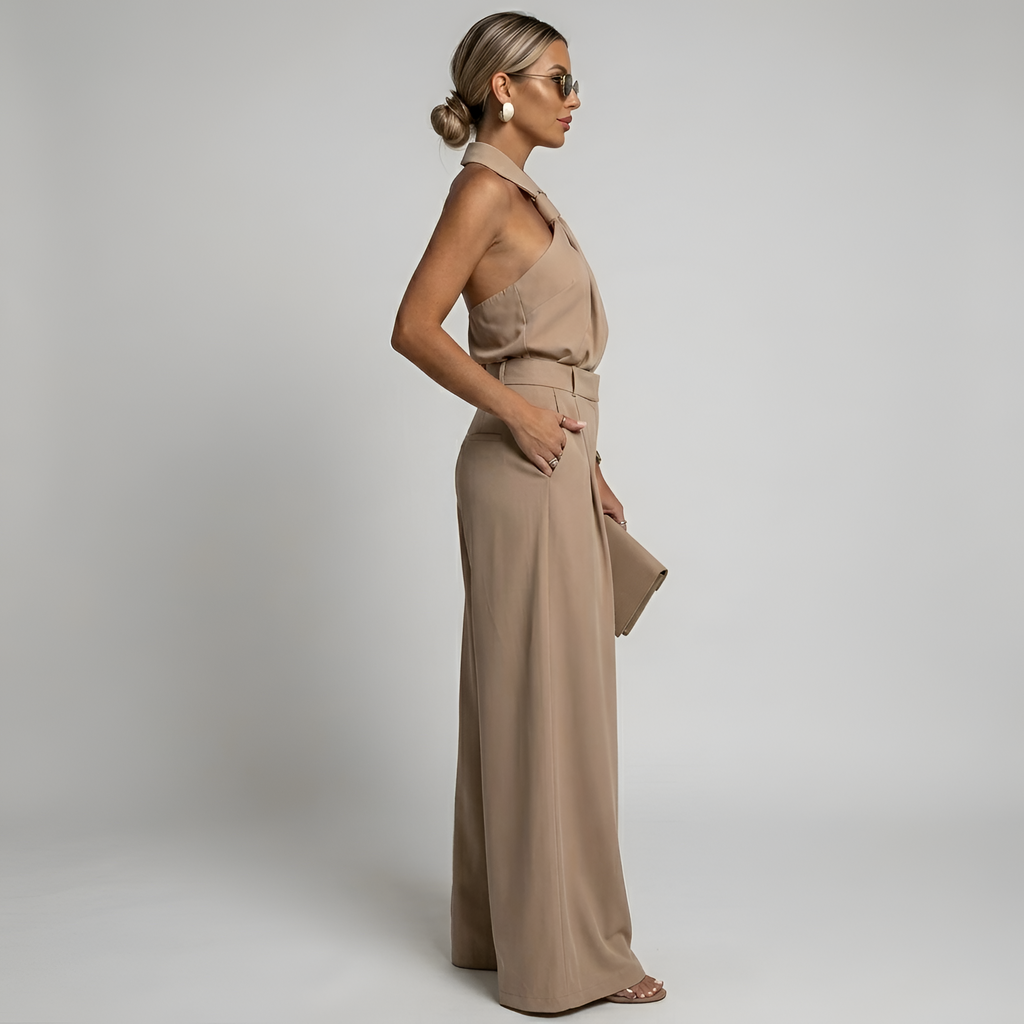Women's Wide Leg Jumpsuit - Halter Neck - Collared Twist Front - Belted Waist - Dressy Jumpsuit