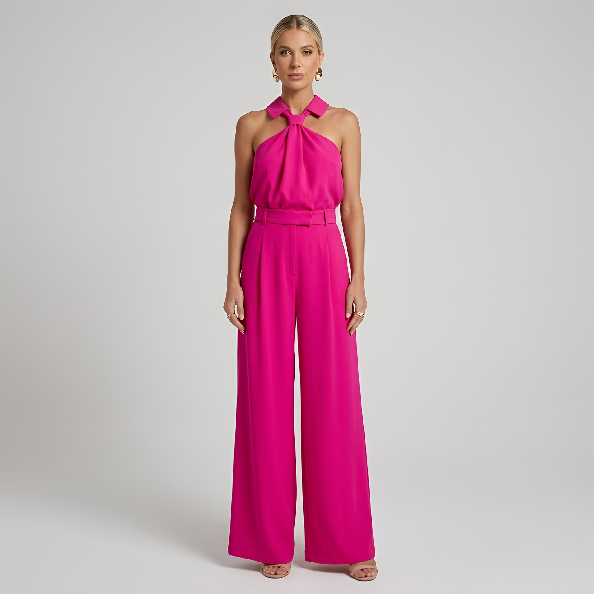 Women's Wide Leg Jumpsuit - Halter Neck - Collared Twist Front - Belted Waist - Dressy Jumpsuit