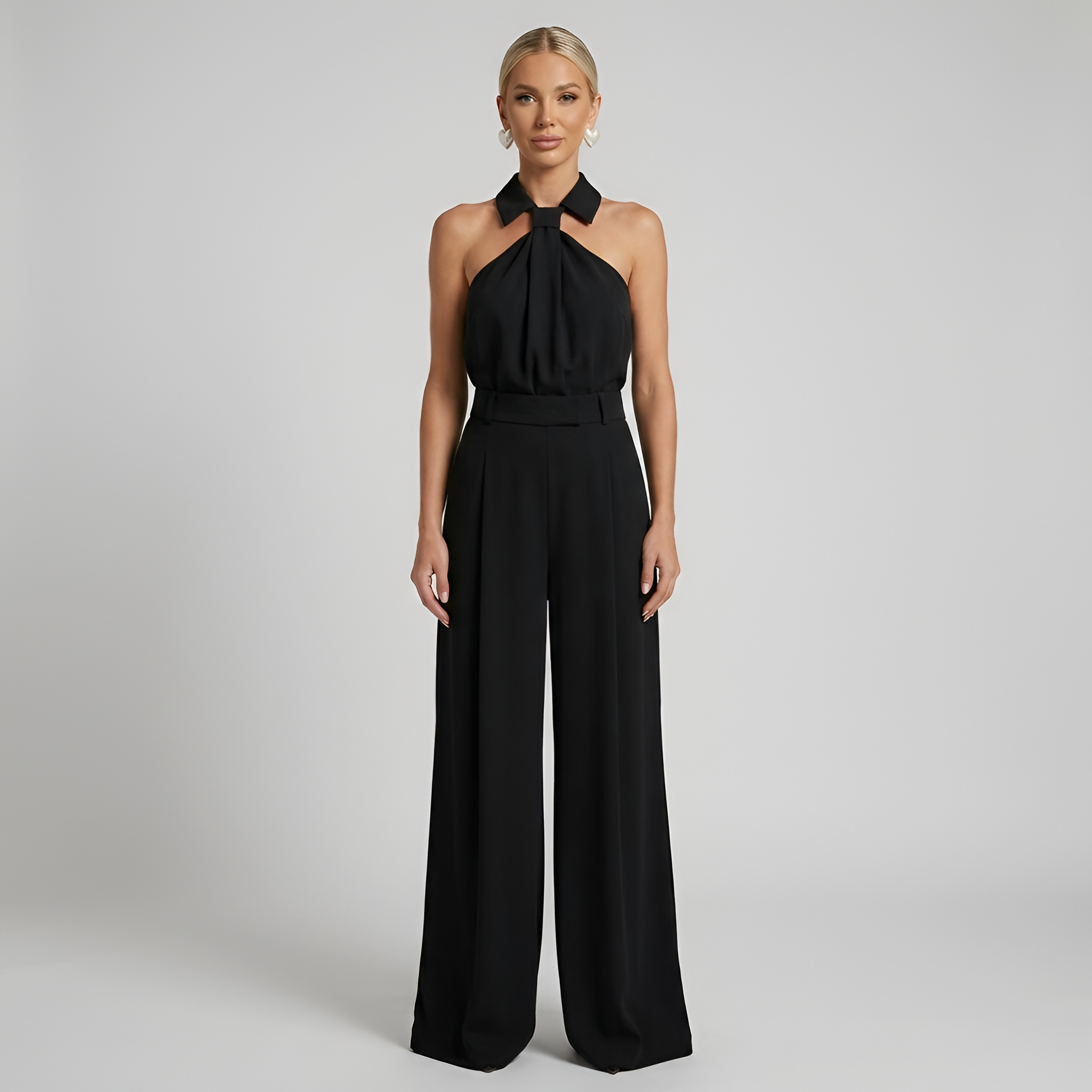 Women's Wide Leg Jumpsuit - Halter Neck - Collared Twist Front - Belted Waist - Dressy Jumpsuit