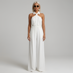 Women's Wide Leg Jumpsuit - Halter Neck - Collared Twist Front - Belted Waist - Dressy Jumpsuit