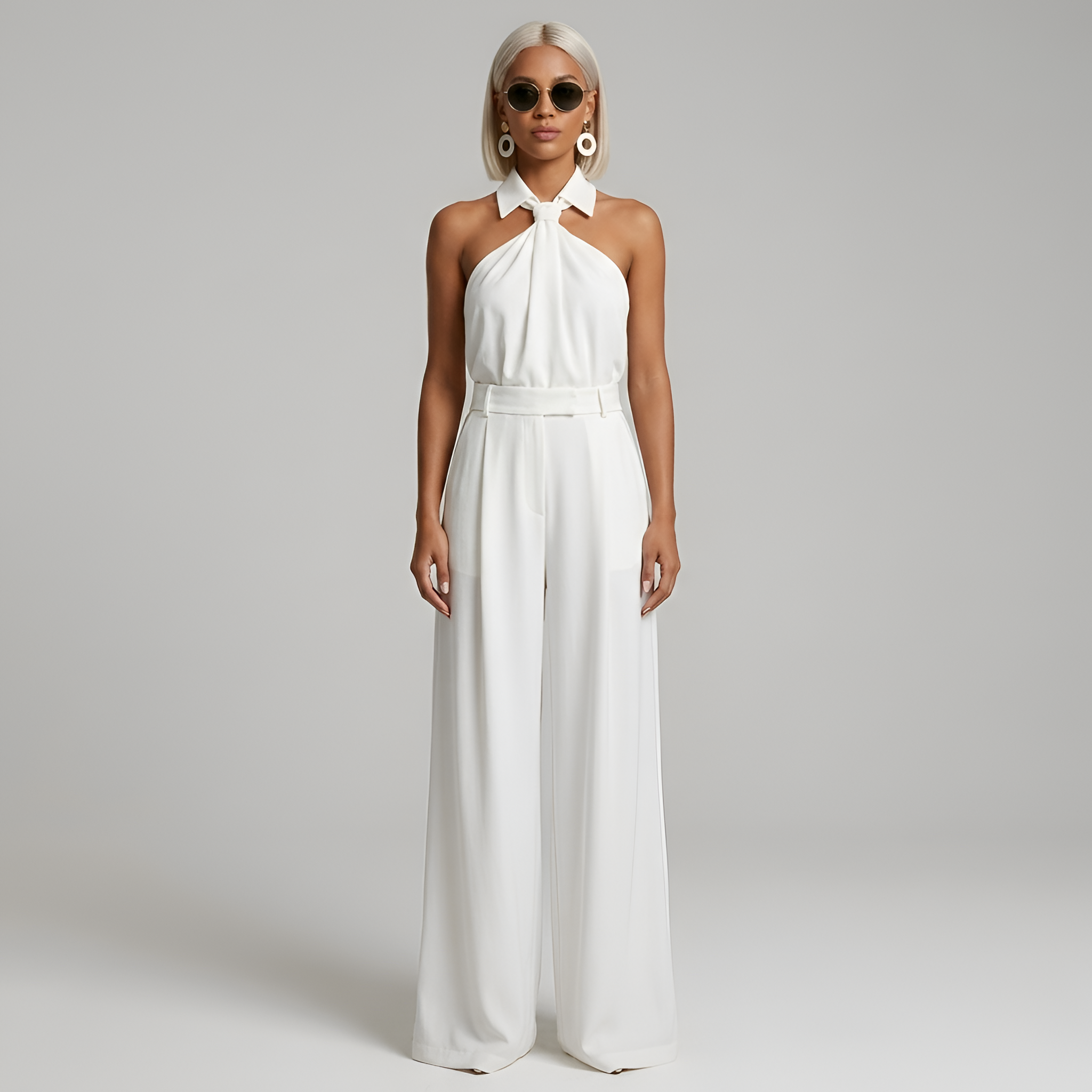 Women's Wide Leg Jumpsuit - Halter Neck - Collared Twist Front - Belted Waist - Dressy Jumpsuit