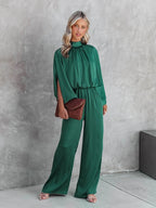Women's Jumpsuit - Mock Neck Split Cape Sleeve Elasticated Waist Wide Leg