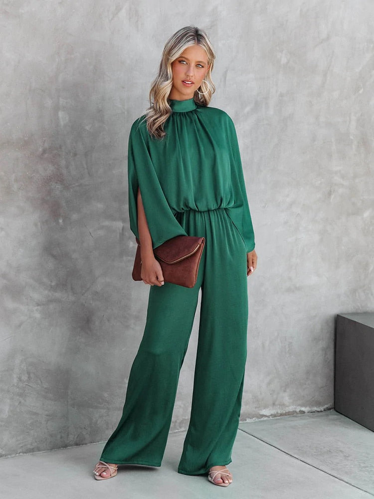 Women's Jumpsuit - Mock Neck Split Cape Sleeve Elasticated Waist Wide Leg
