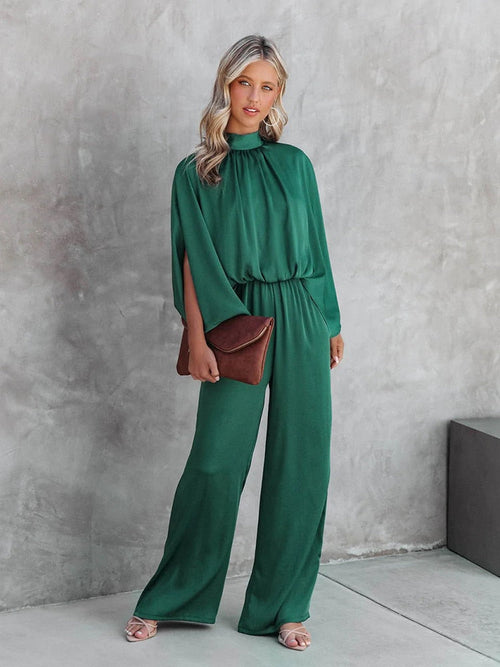 Women's Jumpsuit - Mock Neck Split Cape Sleeve Elasticated Waist Wide Leg