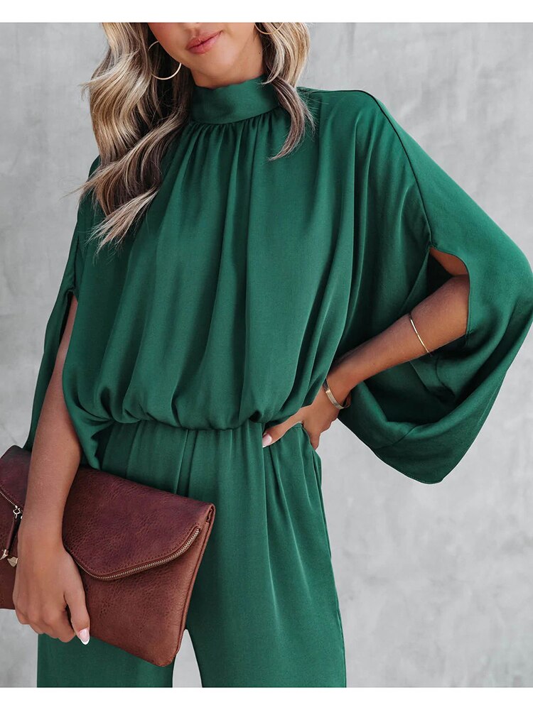 Women's Jumpsuit - Mock Neck Split Cape Sleeve Elasticated Waist Wide Leg