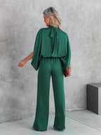 Women's Jumpsuit - Mock Neck Split Cape Sleeve Elasticated Waist Wide Leg