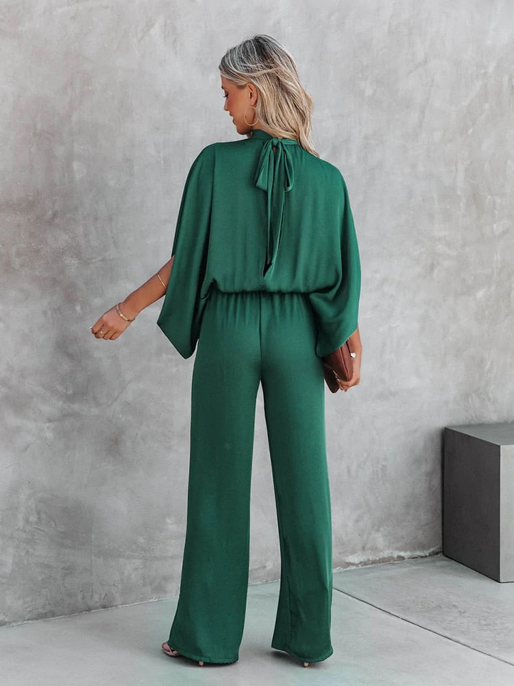 Women's Jumpsuit - Mock Neck Split Cape Sleeve Elasticated Waist Wide Leg