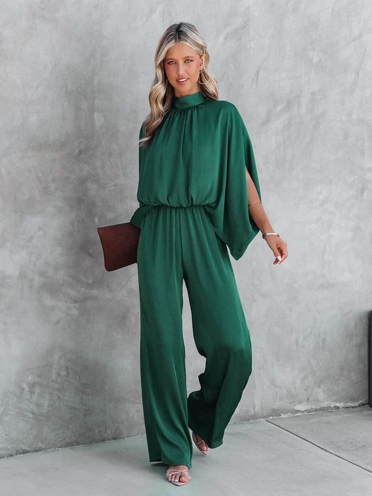 Women's Jumpsuit - Mock Neck Split Cape Sleeve Elasticated Waist Wide Leg