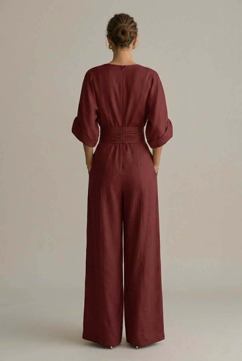 Women's V-Neck Wrap Front Wide Leg Jumpsuit - Three Quarter Sleeve