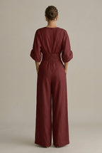 Women's V-Neck Wrap Front Wide Leg Jumpsuit - Three Quarter Sleeve