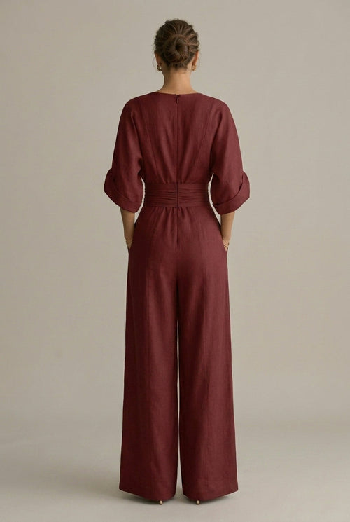 Women's V-Neck Wrap Front Wide Leg Jumpsuit - Three Quarter Sleeve