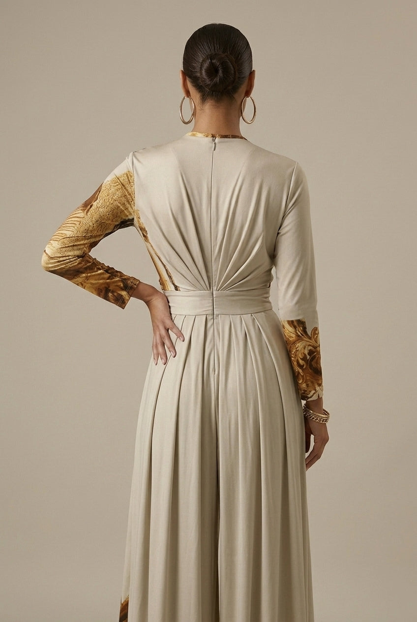 Women's Abstract Print V-Neck Wide Leg Jumpsuit - Long Sleeve