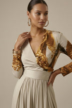 Women's Abstract Print V-Neck Wide Leg Jumpsuit - Long Sleeve