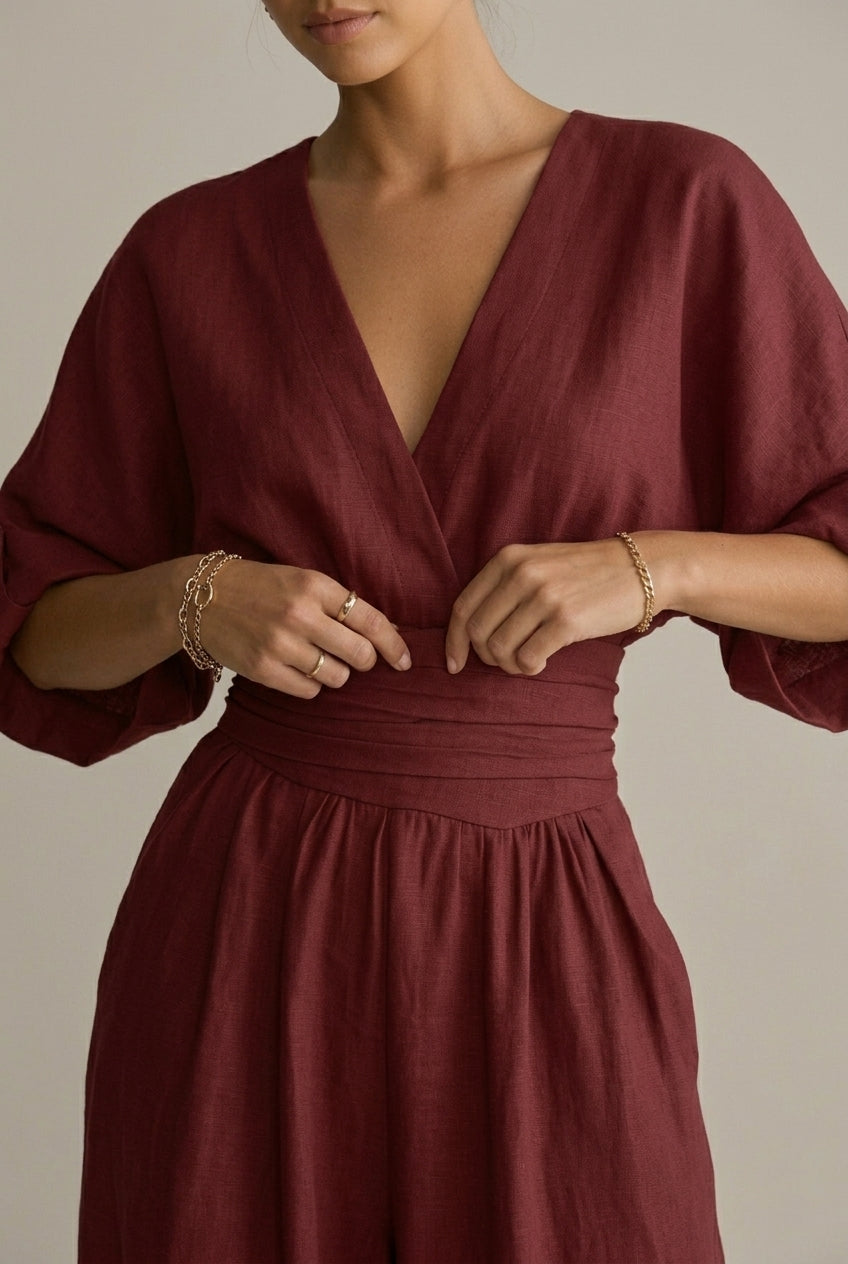 Women's V-Neck Wrap Front Wide Leg Jumpsuit - Three Quarter Sleeve