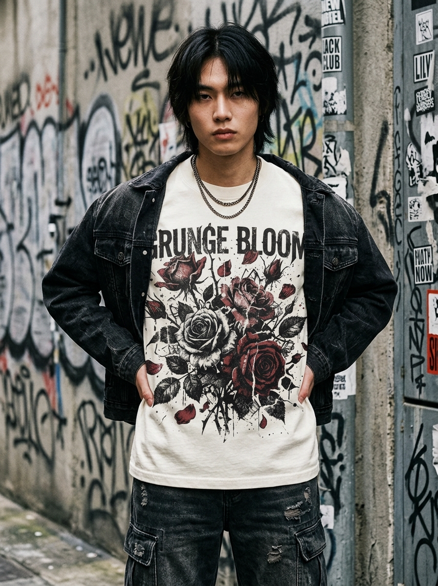 Grunge Bloom oversized streetwear t-shirt - model