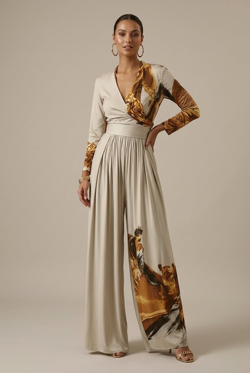 Women's Abstract Print V-Neck Wide Leg Jumpsuit - Long Sleeve