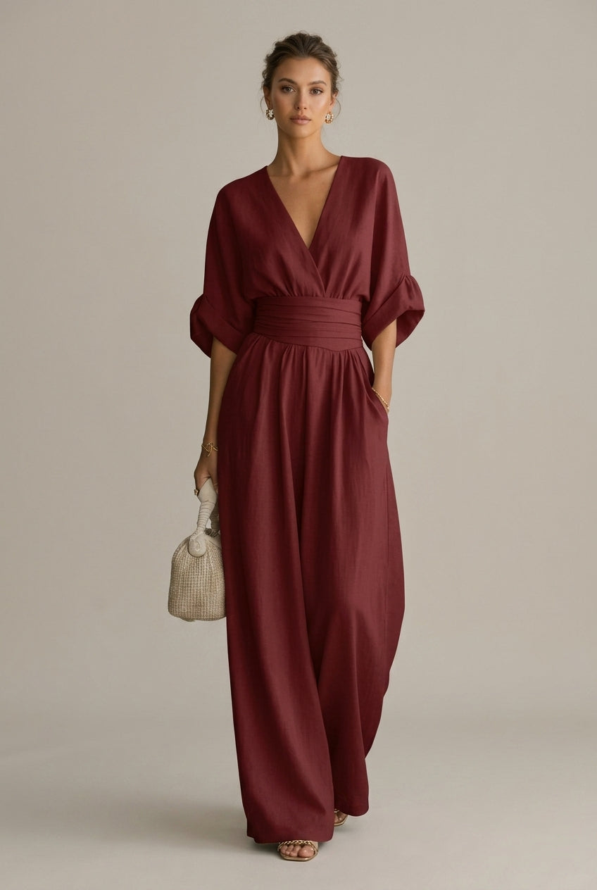 Women's V-Neck Wrap Front Wide Leg Jumpsuit - Three Quarter Sleeve