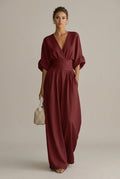 Women's V-Neck Wrap Front Wide Leg Jumpsuit - Three Quarter Sleeve