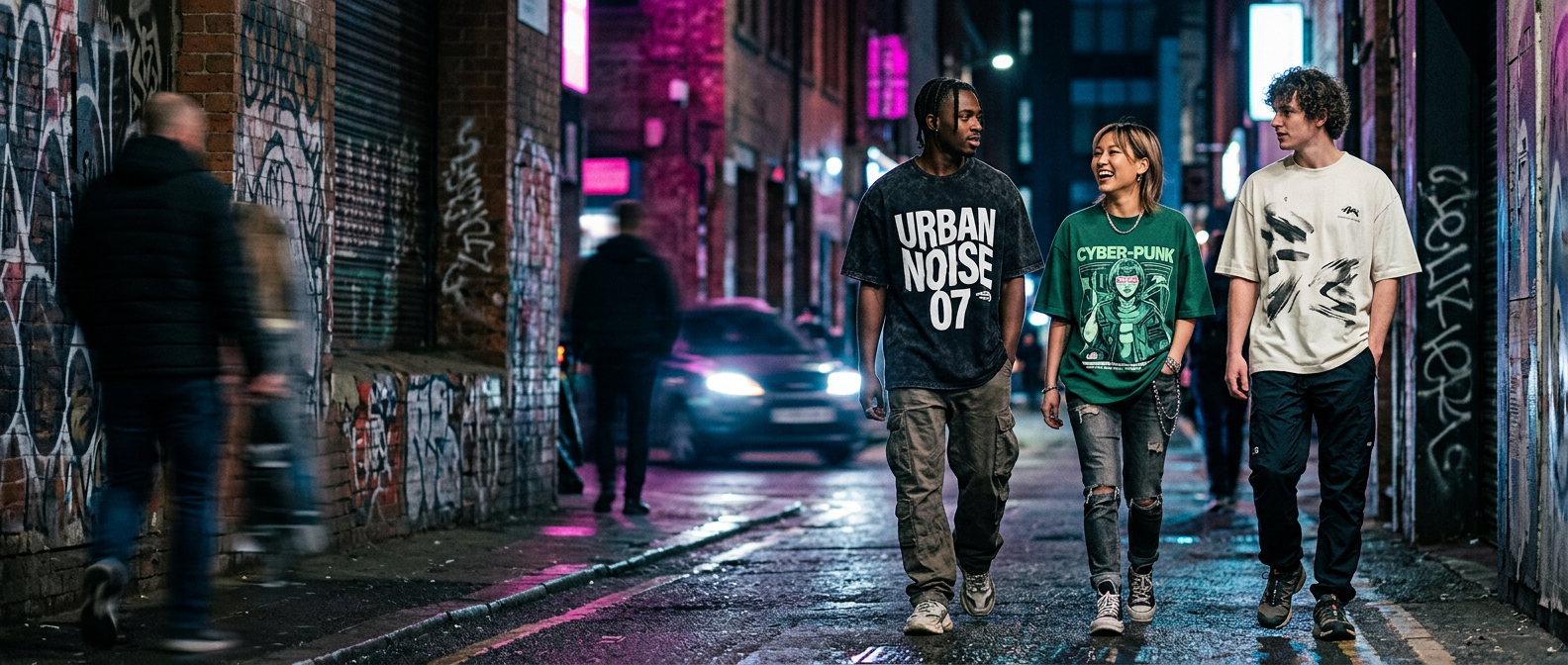 Silhoutees streetwear crew wearing graphic oversized tees on a neon-lit street