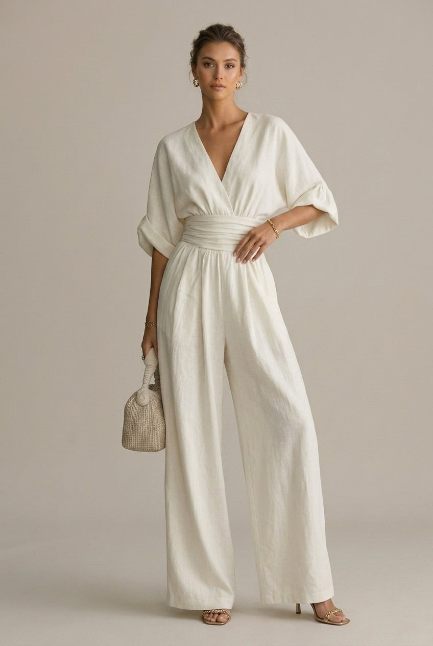 Women's V-Neck Wrap Front Wide Leg Jumpsuit - Three Quarter Sleeve